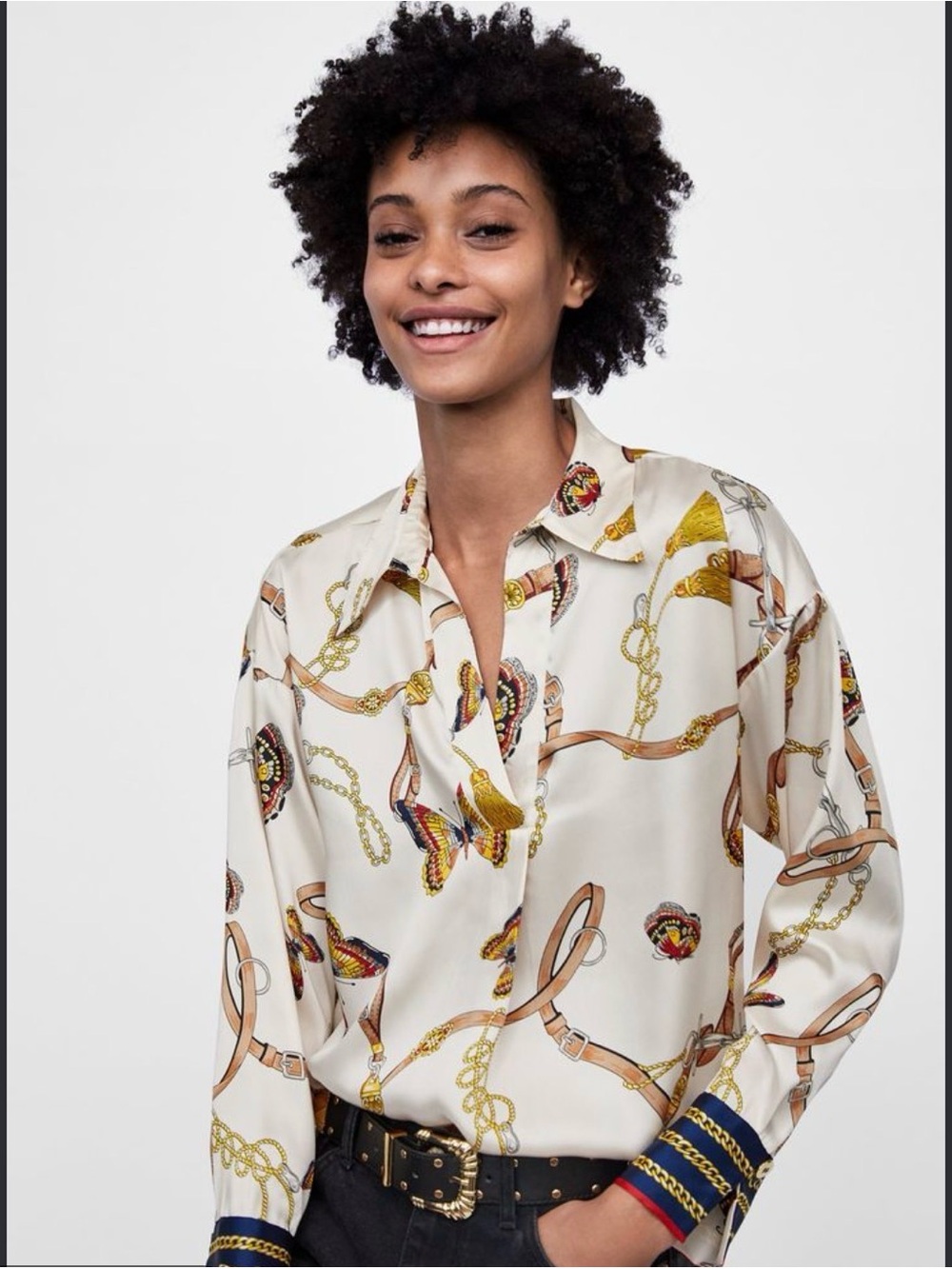 ZARA Women's Satin Effect Chain Print Blouse Size S
